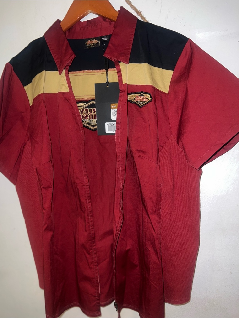 Men's Short Sleeve Work Shirt - burgundy with Black & Cream Accents